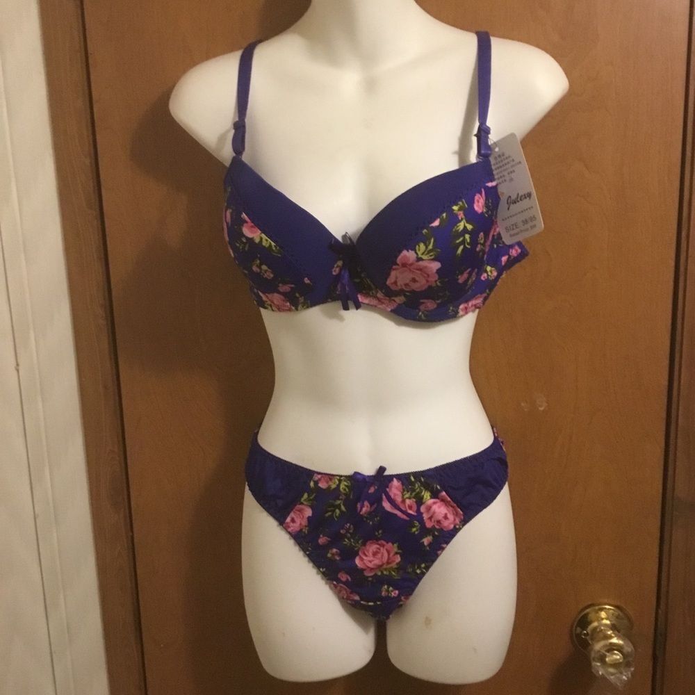 Floral Navy Blue Women's Lingerie Bikini Intimate Set 38 C